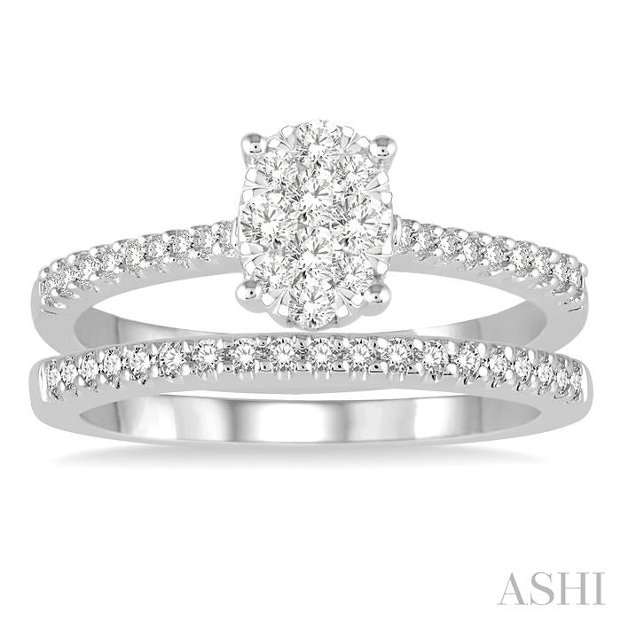 1/2 Ctw Diamond Lovebright Wedding Set With 3/8 Ctw Oval Shape Engagement Ring and 1/6 Ctw Wedding Band in 14K White Gold