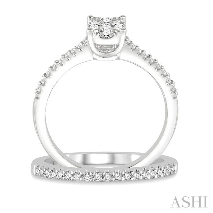 1/2 Ctw Diamond Lovebright Wedding Set With 3/8 Ctw Oval Shape Engagement Ring and 1/6 Ctw Wedding Band in 14K White Gold