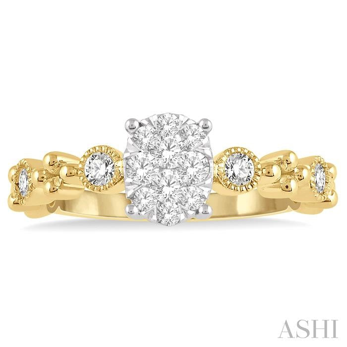 1/3 Ctw Oval Shape Accentuated Shank Lovebright Diamond Cluster Ring in 14K Yellow and White Gold