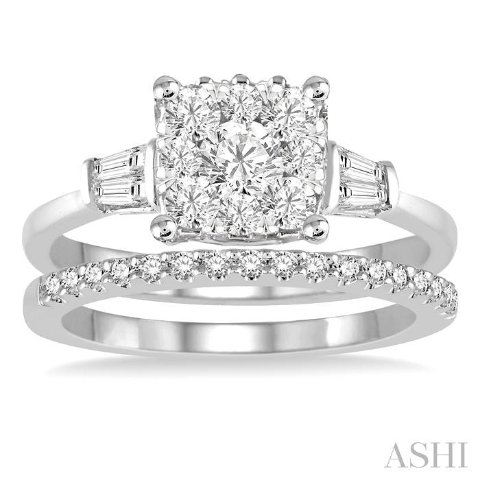 7/8 Ctw Lovebright Baguette and Round Cut Diamond Wedding Set With 3/4 Ctw Cushion Mount Engagement Ring and 1/6 Ctw Wedding Band in 14K White Gold