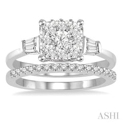 7/8 Ctw Lovebright Baguette and Round Cut Diamond Wedding Set With 3/4 Ctw Cushion Mount Engagement Ring and 1/6 Ctw Wedding Band in 14K White Gold
