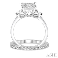 7/8 Ctw Lovebright Baguette and Round Cut Diamond Wedding Set With 3/4 Ctw Cushion Mount Engagement Ring and 1/6 Ctw Wedding Band in 14K White Gold
