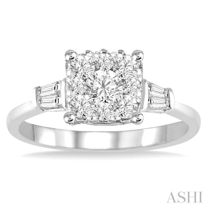 3/4 Ctw Cushion Mount Lovebright Baguette and Round Cut Diamond Cluster Ring in 14K White Gold