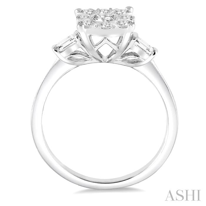 3/4 Ctw Cushion Mount Lovebright Baguette and Round Cut Diamond Cluster Ring in 14K White Gold