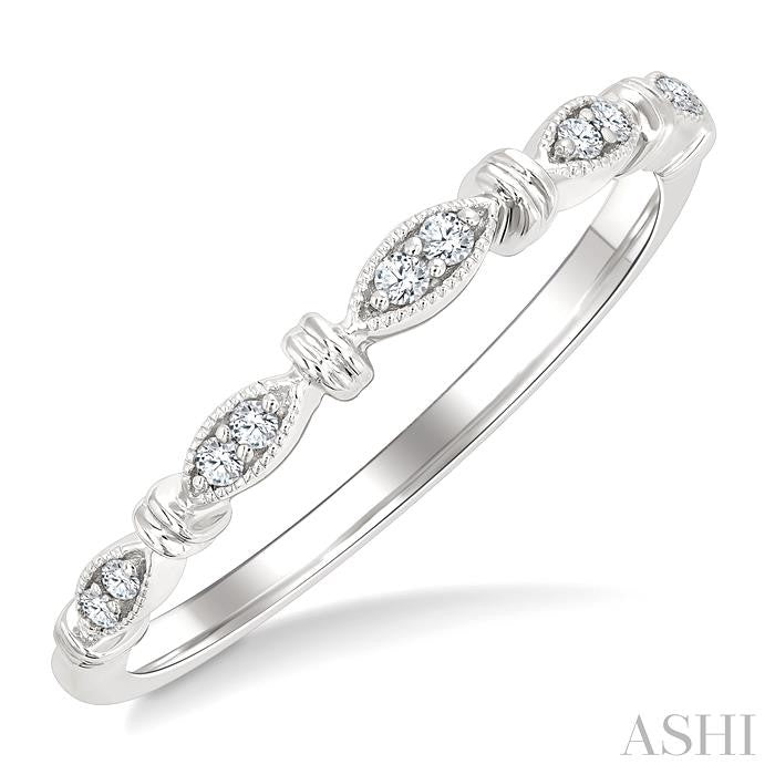 1/20 Ctw Marquise & Flat Bead Carved Round Cut Diamond Stackable Wedding Band in 14K White Gold