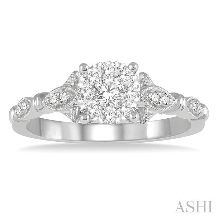 1/2 Ctw Marquise Shank Circular Mount Lovebright Round Cut Diamond Ring in 14K White Gold