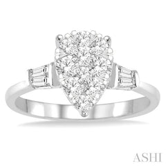 5/8 Ctw Pear Shape Lovebright Baguette and Round Cut Diamond Cluster Ring in 14K White Gold
