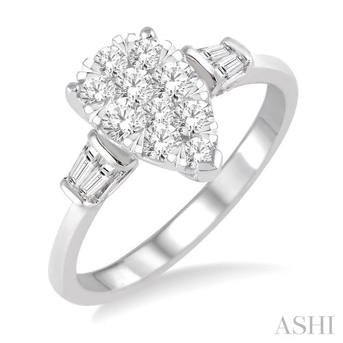 5/8 Ctw Pear Shape Lovebright Baguette and Round Cut Diamond Cluster Ring in 14K White Gold