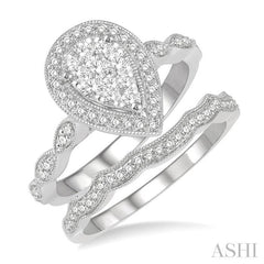 5/8 Ctw Lovebright Round Cut Diamond Wedding Set With 1/2 Ctw Pear Shape Engagement Ring and 1/8 Ctw Wave Cut Wedding Band in 14K White Gold