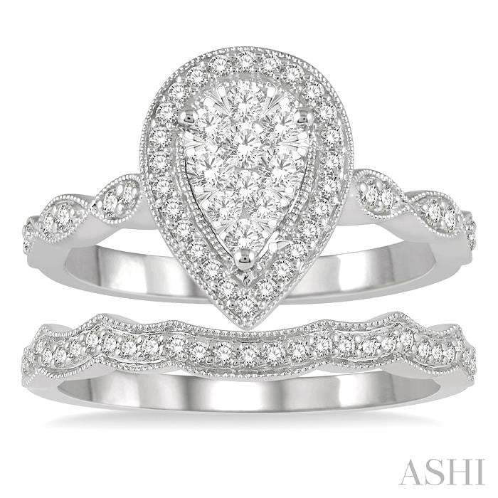 5/8 Ctw Lovebright Round Cut Diamond Wedding Set With 1/2 Ctw Pear Shape Engagement Ring and 1/8 Ctw Wave Cut Wedding Band in 14K White Gold