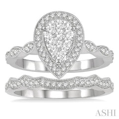 5/8 Ctw Lovebright Round Cut Diamond Wedding Set With 1/2 Ctw Pear Shape Engagement Ring and 1/8 Ctw Wave Cut Wedding Band in 14K White Gold