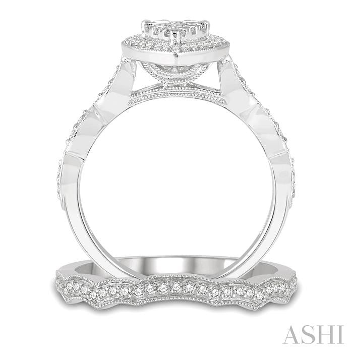 5/8 Ctw Lovebright Round Cut Diamond Wedding Set With 1/2 Ctw Pear Shape Engagement Ring and 1/8 Ctw Wave Cut Wedding Band in 14K White Gold