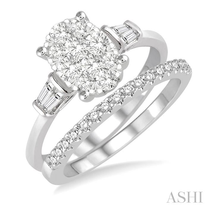 3/4 Ctw Lovebright Baguette & Round Cut Diamond Wedding Set With 5/8 Ctw Oval Shape Engagement Ring and 1/6 Ctw Wedding Band in 14K White Gold