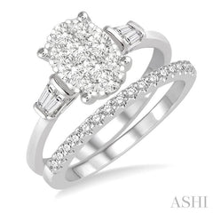 3/4 Ctw Lovebright Baguette & Round Cut Diamond Wedding Set With 5/8 Ctw Oval Shape Engagement Ring and 1/6 Ctw Wedding Band in 14K White Gold