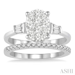 3/4 Ctw Lovebright Baguette & Round Cut Diamond Wedding Set With 5/8 Ctw Oval Shape Engagement Ring and 1/6 Ctw Wedding Band in 14K White Gold
