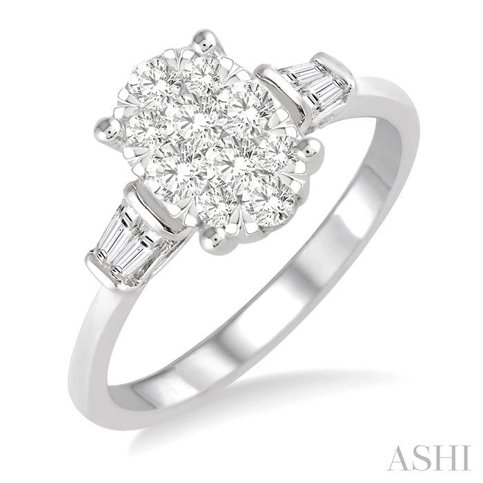 5/8 Ctw Oval Shape Lovebright Baguette and Round Cut Diamond Cluster Ring in 14K White Gold