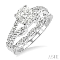 3/4 Ctw Diamond Lovebright Wedding Set with 1/2 Ctw Round Cut Engagement Ring and 1/6 Ctw Wedding Band in 14K White Gold