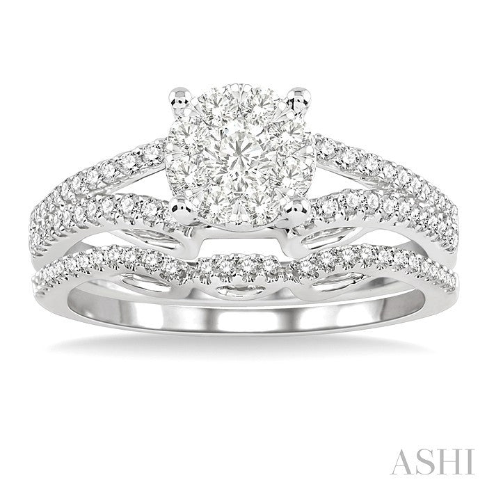 3/4 Ctw Diamond Lovebright Wedding Set with 1/2 Ctw Round Cut Engagement Ring and 1/6 Ctw Wedding Band in 14K White Gold