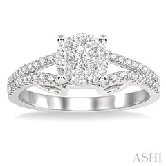 1/2 Ctw Round Cut Diamond Lovebright Engagement Ring in 14K White Gold