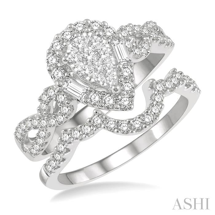 3/4 Ctw Lovebright Wedding Set With 1/2 Ctw Pear Shape Twisted Shank Engagement Ring and 1/6 Ctw Winged Arch Wedding Band in 14K White Gold