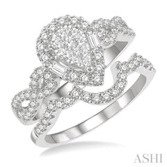 3/4 Ctw Lovebright Wedding Set With 1/2 Ctw Pear Shape Twisted Shank Engagement Ring and 1/6 Ctw Winged Arch Wedding Band in 14K White Gold