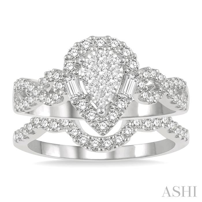 3/4 Ctw Lovebright Wedding Set With 1/2 Ctw Pear Shape Twisted Shank Engagement Ring and 1/6 Ctw Winged Arch Wedding Band in 14K White Gold
