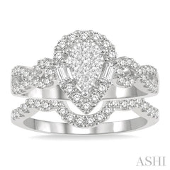 3/4 Ctw Lovebright Wedding Set With 1/2 Ctw Pear Shape Twisted Shank Engagement Ring and 1/6 Ctw Winged Arch Wedding Band in 14K White Gold