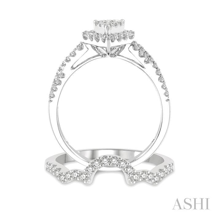 3/4 Ctw Lovebright Wedding Set With 1/2 Ctw Pear Shape Twisted Shank Engagement Ring and 1/6 Ctw Winged Arch Wedding Band in 14K White Gold