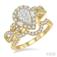 3/4 Ctw Lovebright Wedding Set With 1/2 Ctw Pear Shape Twisted Shank Engagement Ring and 1/6 Ctw Winged Arch Wedding Band in 14K Yellow and White Gold
