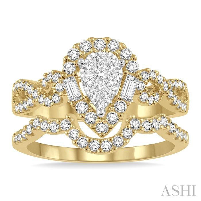 3/4 Ctw Lovebright Wedding Set With 1/2 Ctw Pear Shape Twisted Shank Engagement Ring and 1/6 Ctw Winged Arch Wedding Band in 14K Yellow and White Gold