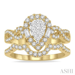 3/4 Ctw Lovebright Wedding Set With 1/2 Ctw Pear Shape Twisted Shank Engagement Ring and 1/6 Ctw Winged Arch Wedding Band in 14K Yellow and White Gold