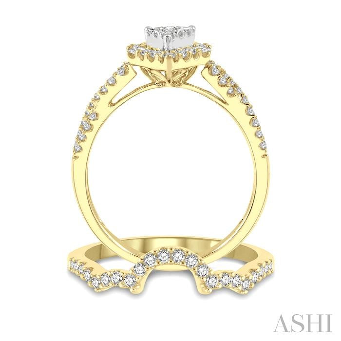 3/4 Ctw Lovebright Wedding Set With 1/2 Ctw Pear Shape Twisted Shank Engagement Ring and 1/6 Ctw Winged Arch Wedding Band in 14K Yellow and White Gold