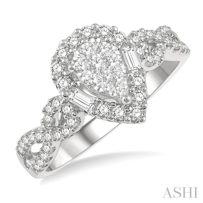 1/2 Ctw Pear Shape Bow Shank Lovebright Round and Baguette Diamond Ring in 14K White gold