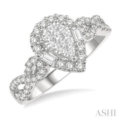 1/2 Ctw Pear Shape Bow Shank Lovebright Round and Baguette Diamond Ring in 14K White gold