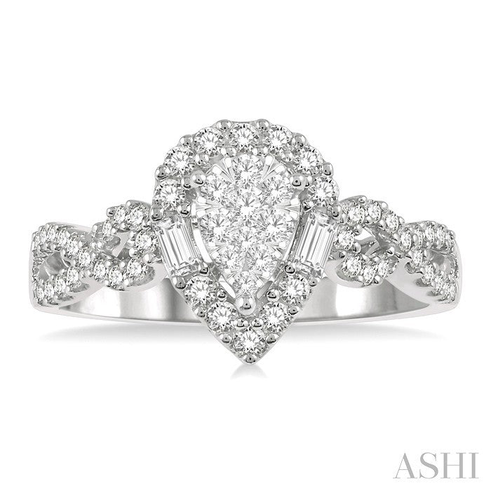 1/2 Ctw Pear Shape Bow Shank Lovebright Round and Baguette Diamond Ring in 14K White gold
