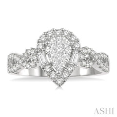 1/2 Ctw Pear Shape Bow Shank Lovebright Round and Baguette Diamond Ring in 14K White gold