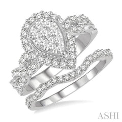 1 1/5 Ctw Lovebright Round Diamond Wedding Set With 1 Ctw Pear Shape Twisted Shank Engagement Ring and 1/5 Ctw Wedding Band in 14K White Gold