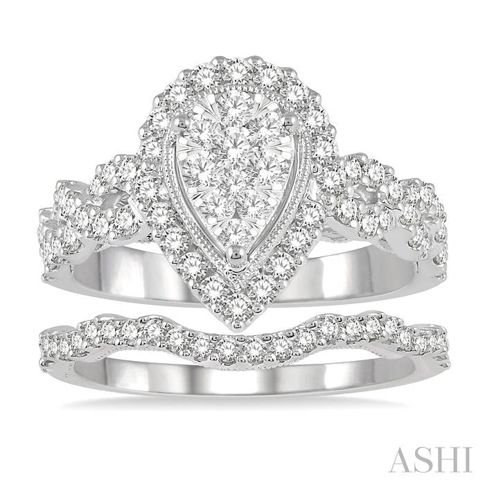 1 1/5 Ctw Lovebright Round Diamond Wedding Set With 1 Ctw Pear Shape Twisted Shank Engagement Ring and 1/5 Ctw Wedding Band in 14K White Gold