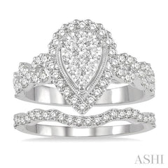 1 1/5 Ctw Lovebright Round Diamond Wedding Set With 1 Ctw Pear Shape Twisted Shank Engagement Ring and 1/5 Ctw Wedding Band in 14K White Gold