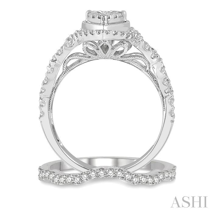 1 1/5 Ctw Lovebright Round Diamond Wedding Set With 1 Ctw Pear Shape Twisted Shank Engagement Ring and 1/5 Ctw Wedding Band in 14K White Gold