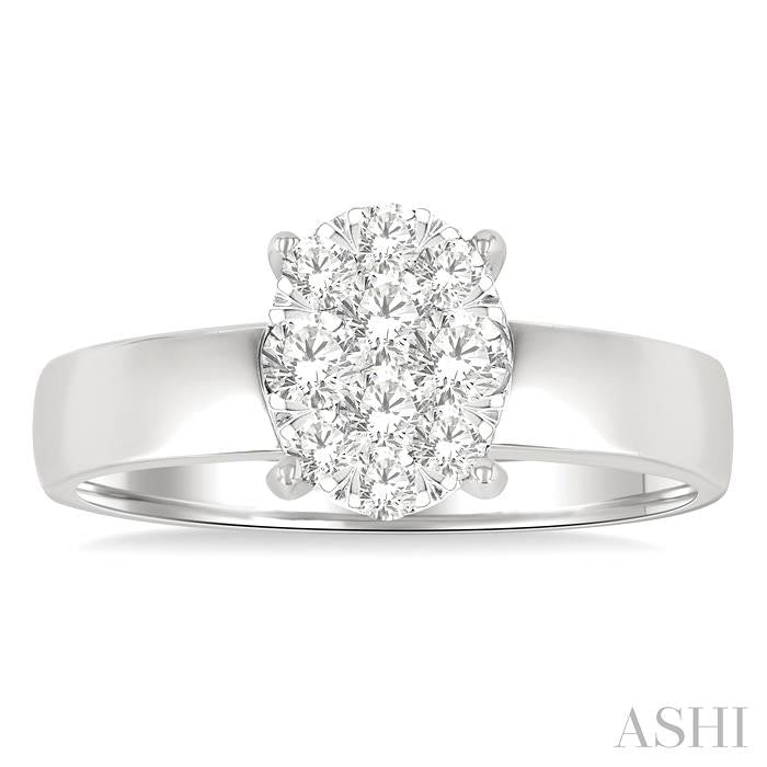 1/2 Ctw Bold Shank Oval Shaped Lovebright Round Cut Diamond Ring in 14K White Gold