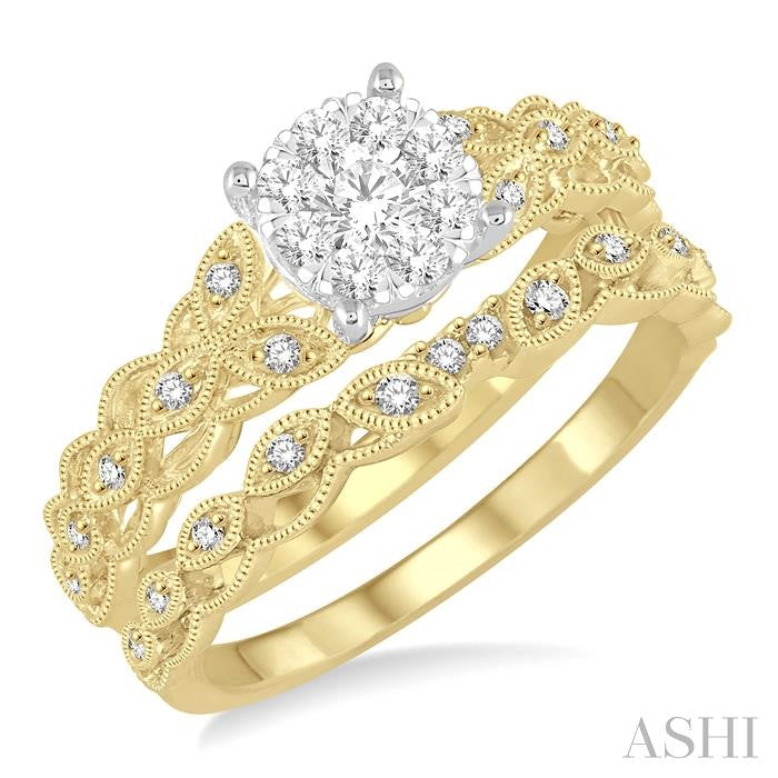 3/8 Ctw Round Cut Diamond Lovebright Bridal Set with 1/3 Ctw Engagement Ring and 1/20 Ctw Wedding Band in 14K Yellow and White Gold