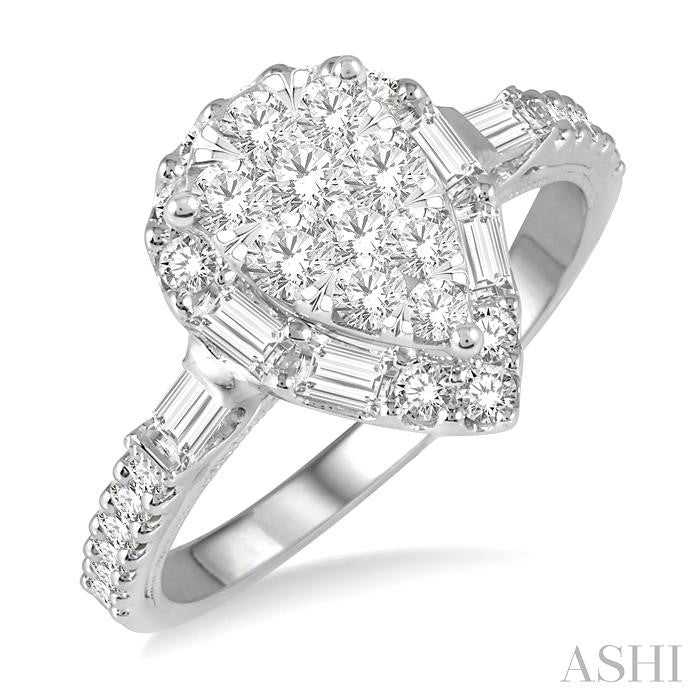 3/4 Ctw Pear Shape Lovebright Baguette and Round Cut Diamond Ring in 14K White Gold
