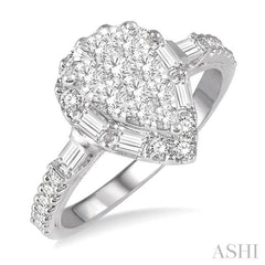 3/4 Ctw Pear Shape Lovebright Baguette and Round Cut Diamond Ring in 14K White Gold