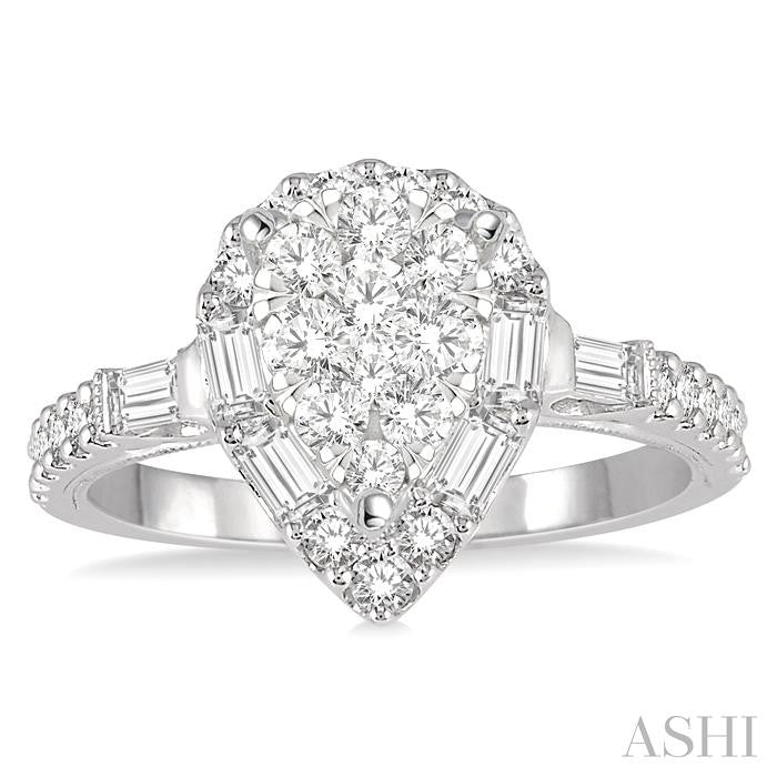 3/4 Ctw Pear Shape Lovebright Baguette and Round Cut Diamond Ring in 14K White Gold