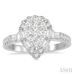 3/4 Ctw Pear Shape Lovebright Baguette and Round Cut Diamond Ring in 14K White Gold