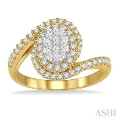 5/8 Ctw Oval Bypass Lovebright Round Cut Diamond Engagement Ring in 14K Yellow and White Gold