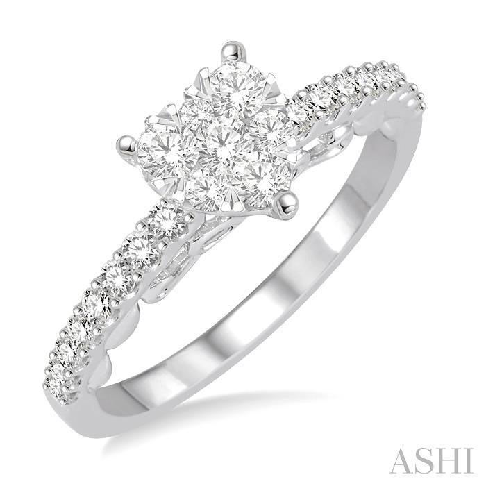 5/8 Ctw Round Cut Diamond Heart Shaped Lovebright Ring in 14K White Gold