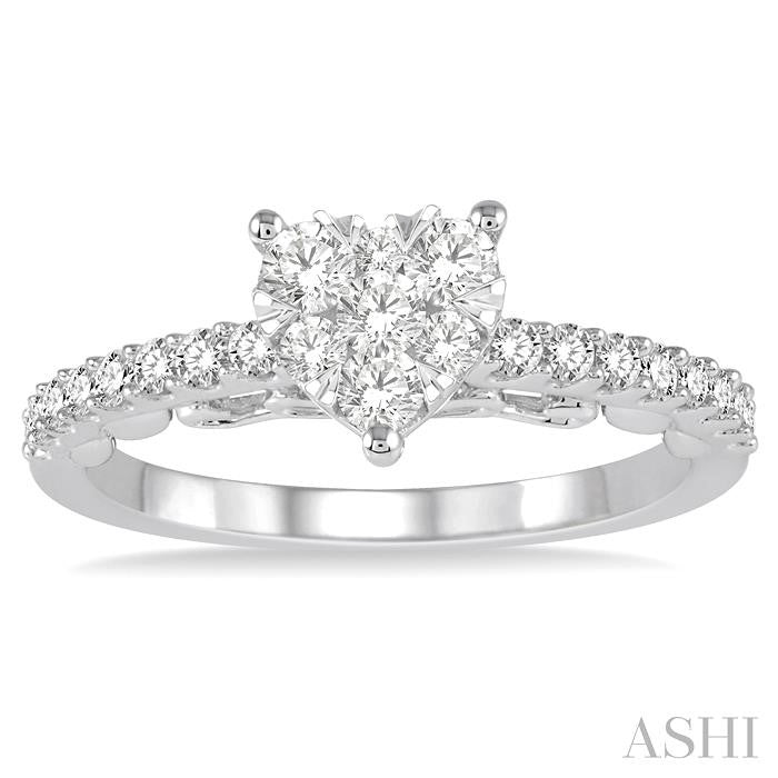 5/8 Ctw Round Cut Diamond Heart Shaped Lovebright Ring in 14K White Gold