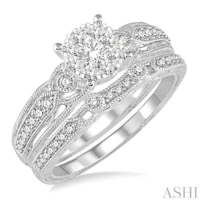 1/2 Ctw Round Cut Diamond Lovebright Bridal Set with 3/8 Ctw Engagement Ring and 1/10 Ctw Wedding Band in 14K White Gold
